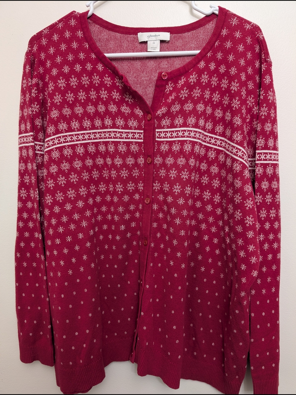 CJ Banks Red and White Snowflake Fair Isle Knit Button-Front Cardigan Size 2XL